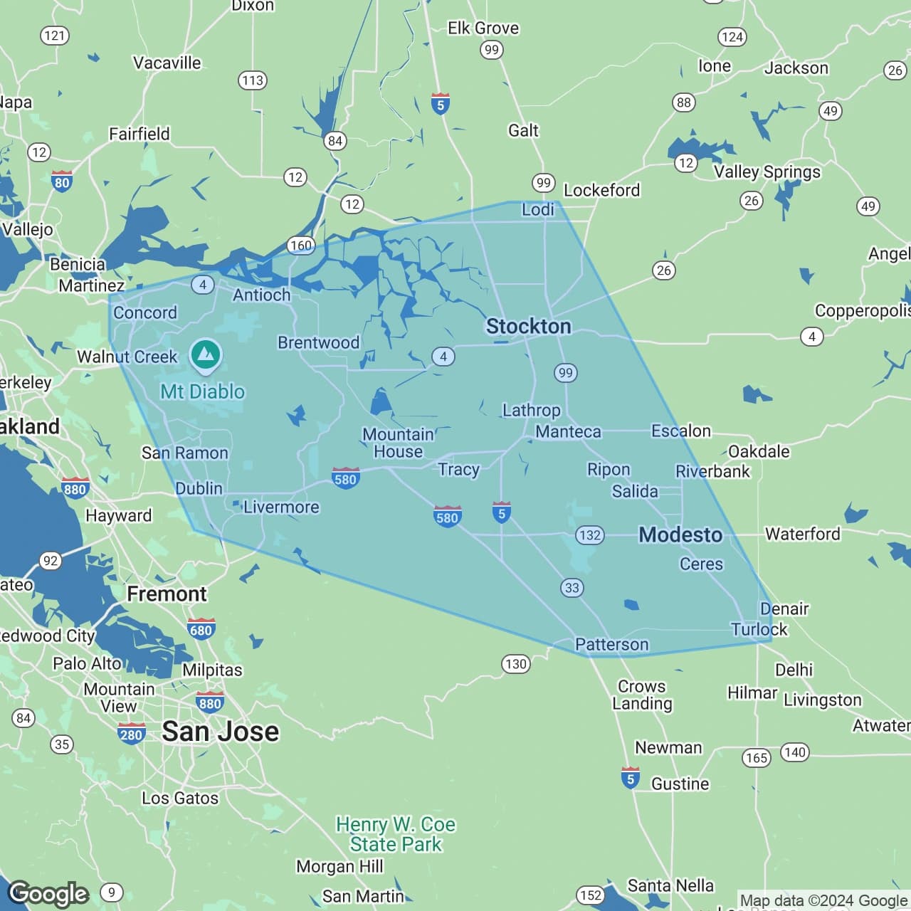 Map showing Artisan Electrical service area in Tracy, CA
